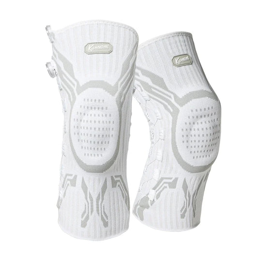 Adjustable Compression knee sleeve in white designed for sports protection and comfort during workouts.