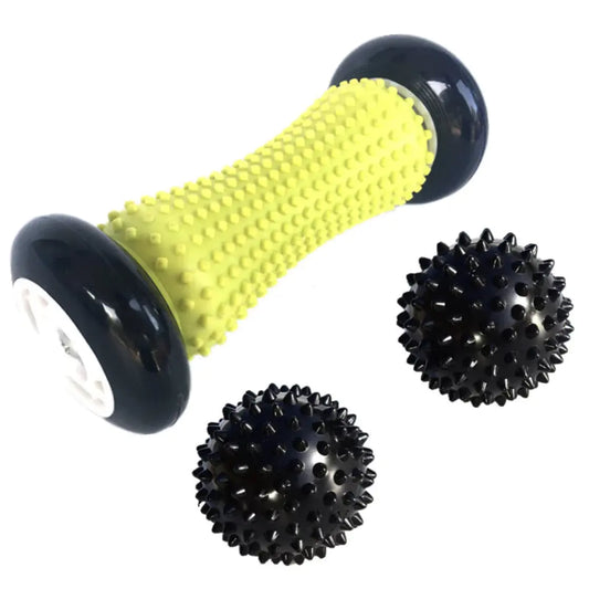 Foot massage roller fascia ball set featuring a green spiky roller and two black massage balls for foot relaxation.