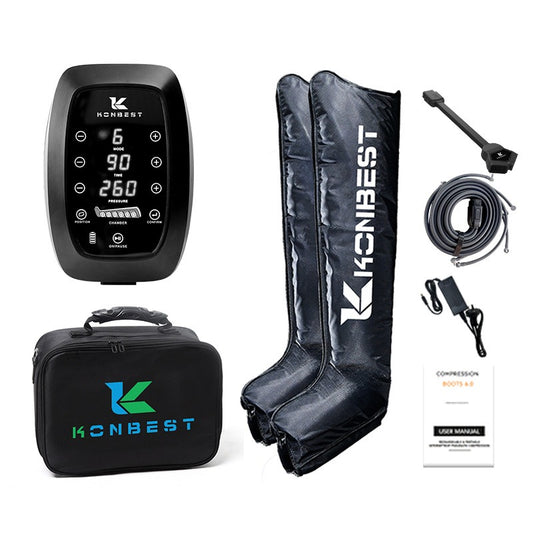 Six-cavity Air Wave Leg Pressure Massager components including control unit and leg wraps for home relaxation.
