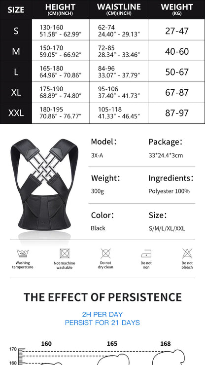 Invisible posture correction strap size chart with measurements for S, M, XL, XXL in black color.